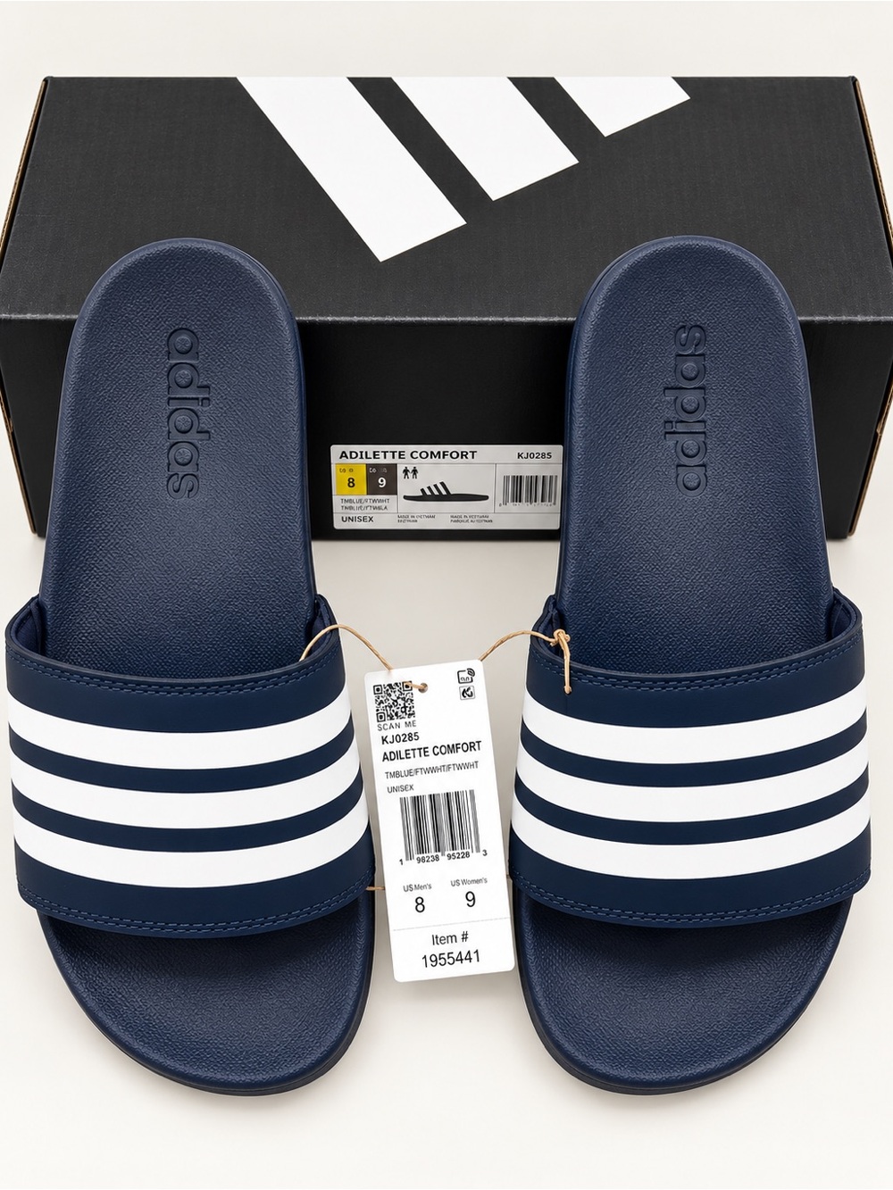 Adidas Adilette Comfort Slides Navy Blue White Stripes Unisex Men’s 8 Women’s 9
